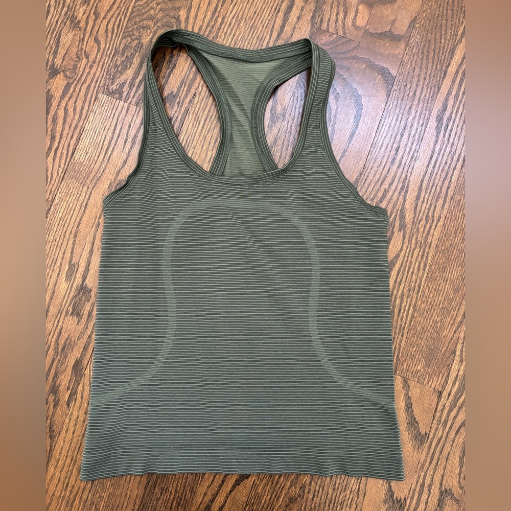 Striped Green Lululemon Swiftly Tech Racerback Tank Top, waist length, size 4